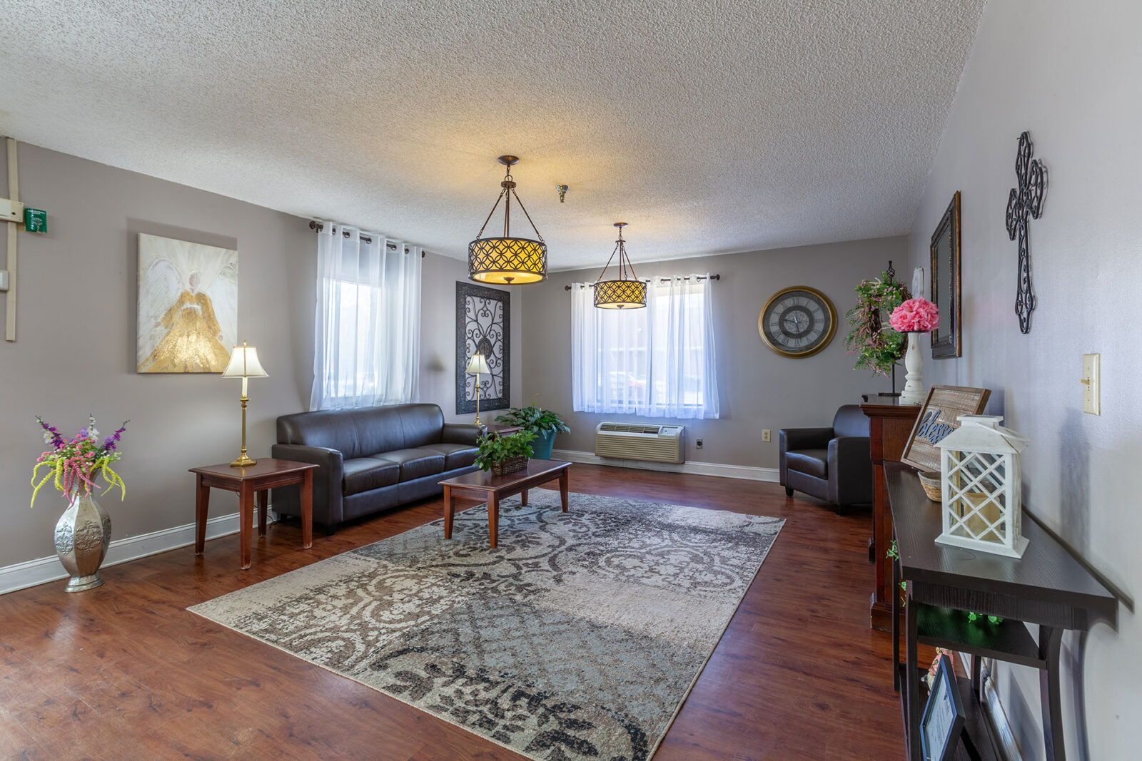 Bright, cozy living room with comfortable furniture and decor.